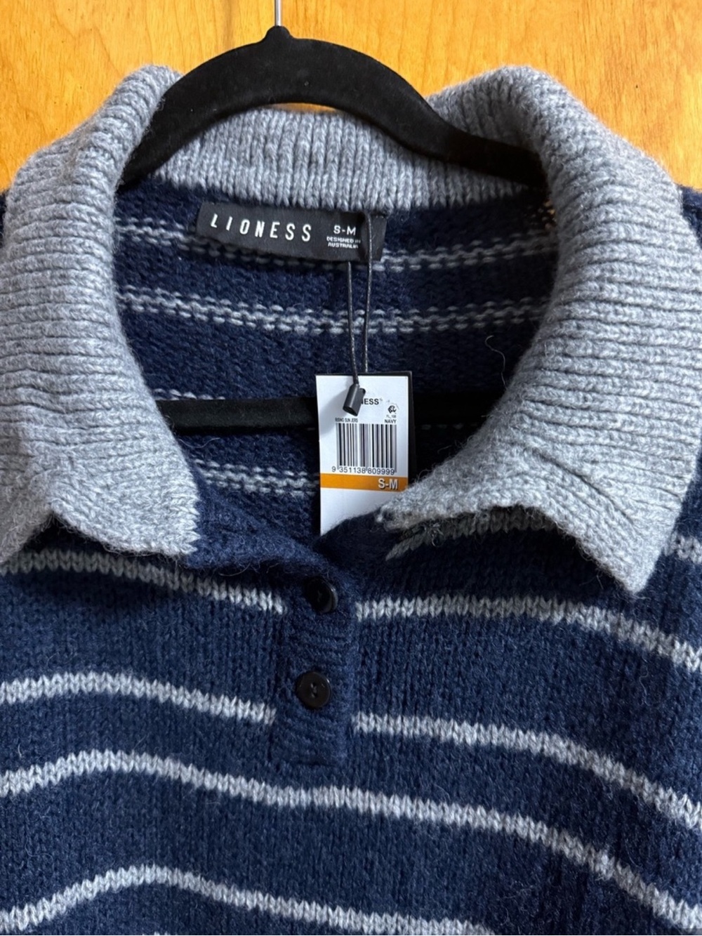 Lioness Navy and Light Gray Striped Knit Polo